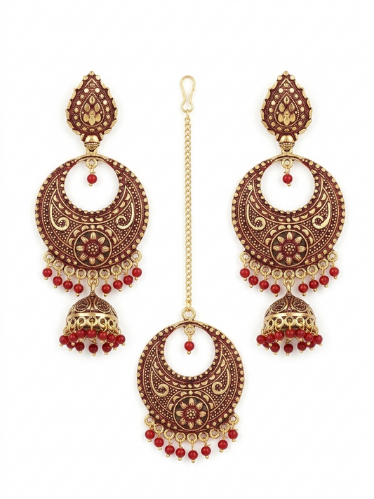 Antique Gold Kundan Maroon Jhumka Earrings & Maang Tikka Set
