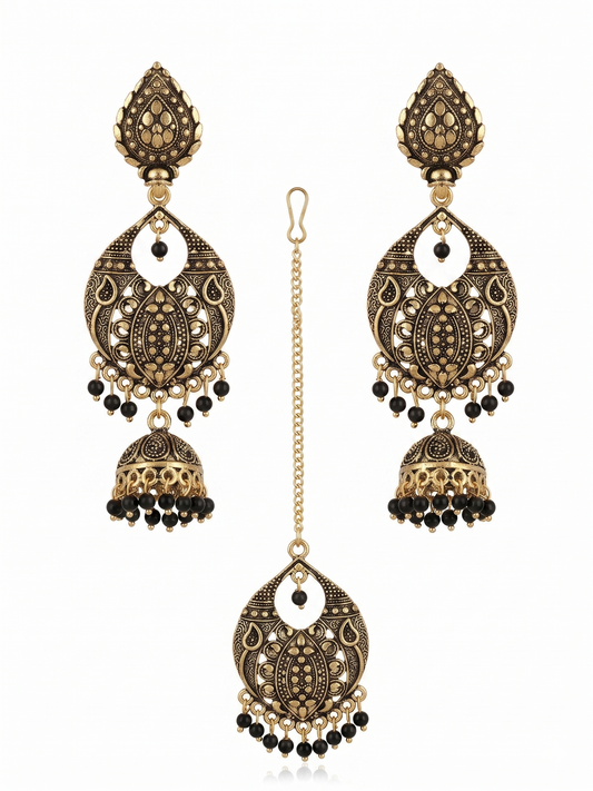 Heritage Filigree Oxidized Gold Jhumka & Maang Tikka Set