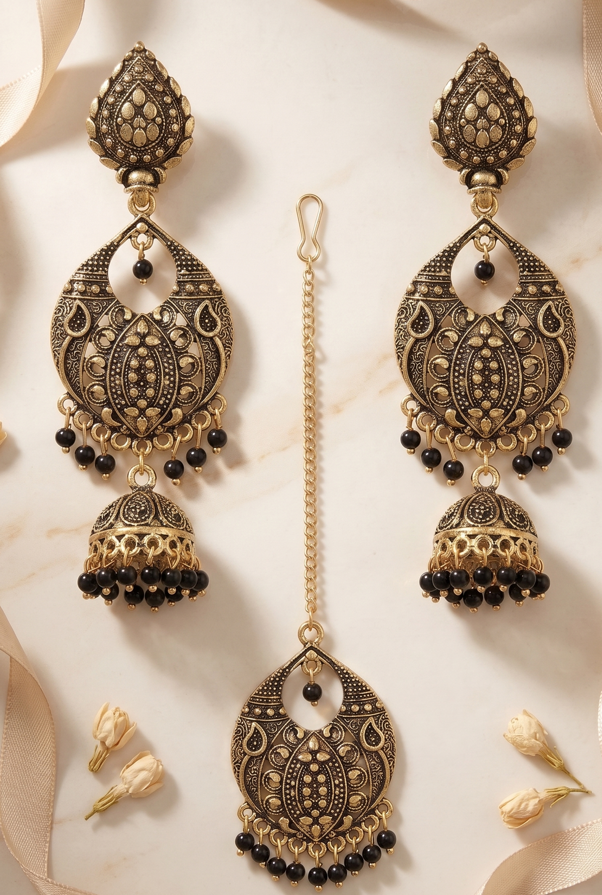 Heritage Filigree Oxidized Gold Jhumka & Maang Tikka Set