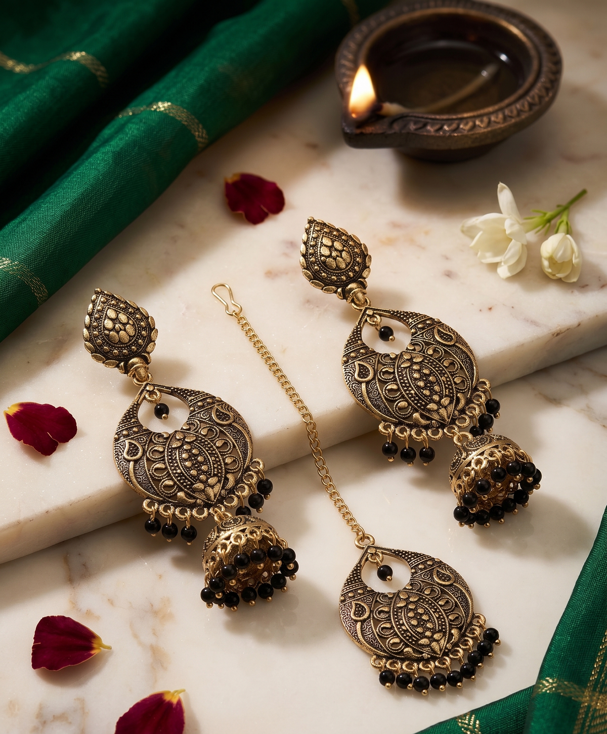 Heritage Filigree Oxidized Gold Jhumka & Maang Tikka Set