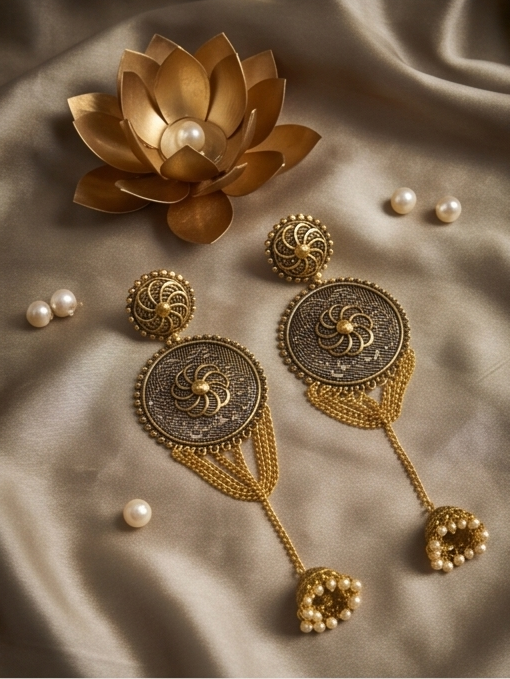 Traditional Gold-Toned Filigree Jhumka Earrings with Pearl Tassels