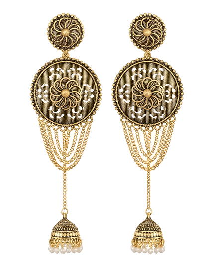 Traditional Gold-Toned Filigree Jhumka Earrings with Pearl Tassels