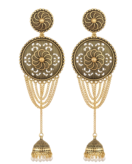 Traditional Gold-Toned Filigree Jhumka Earrings with Pearl Tassels