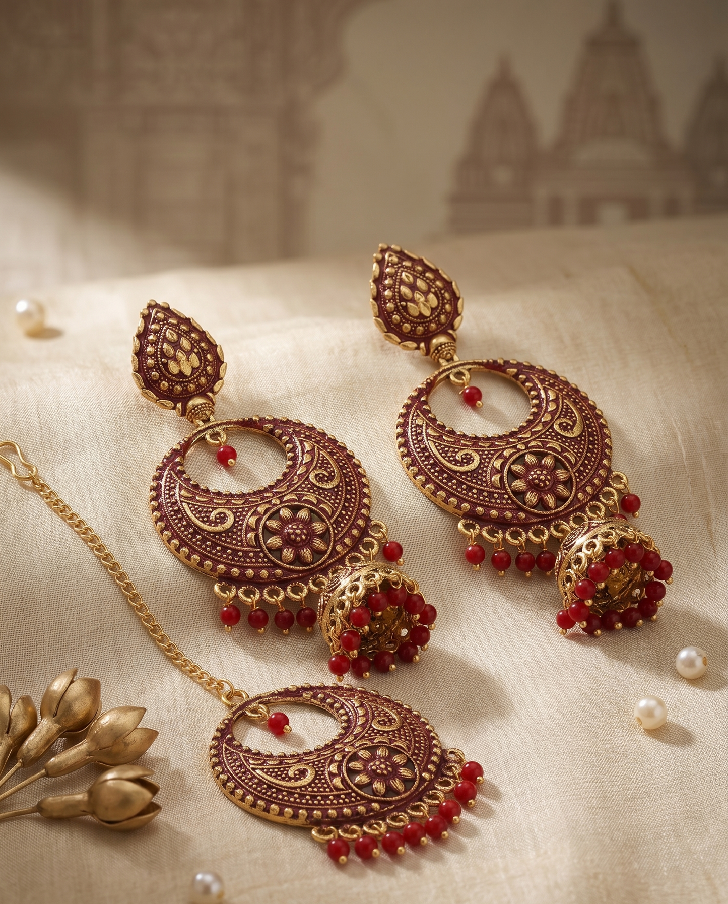 The House of Karma Antique Gold Plated Kundan & Maroon Enamel Jhumka Earring and Maang Tikka Set for Women