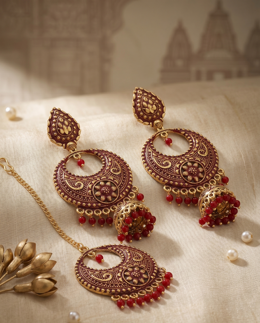 Antique Gold Kundan Maroon Jhumka Earrings & Maang Tikka Set