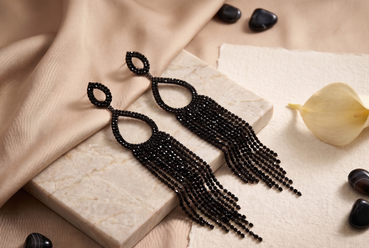 Celestial Midnight Crystal Tassel Earrings