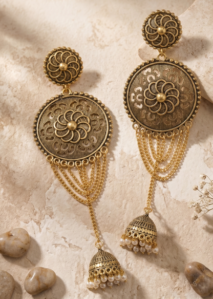Traditional Gold-Toned Filigree Jhumka Earrings with Pearl Tassels