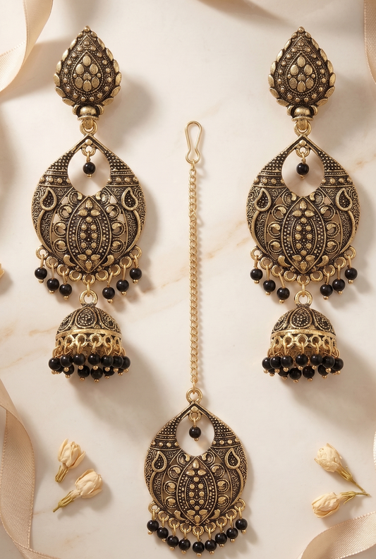 Heritage Filigree Oxidized Gold Jhumka & Maang Tikka Set