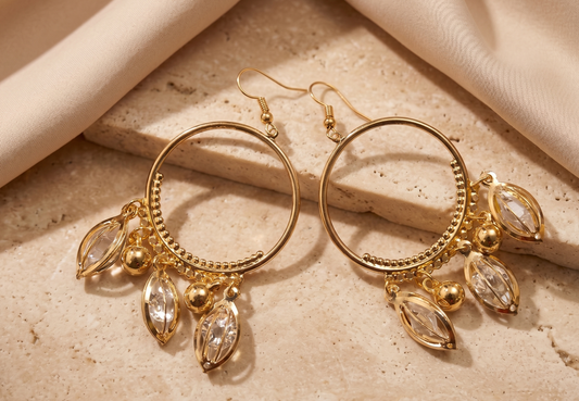 Celestial Cascade Gold-Plated Hoop Earrings with Marquise Crystal Dangles