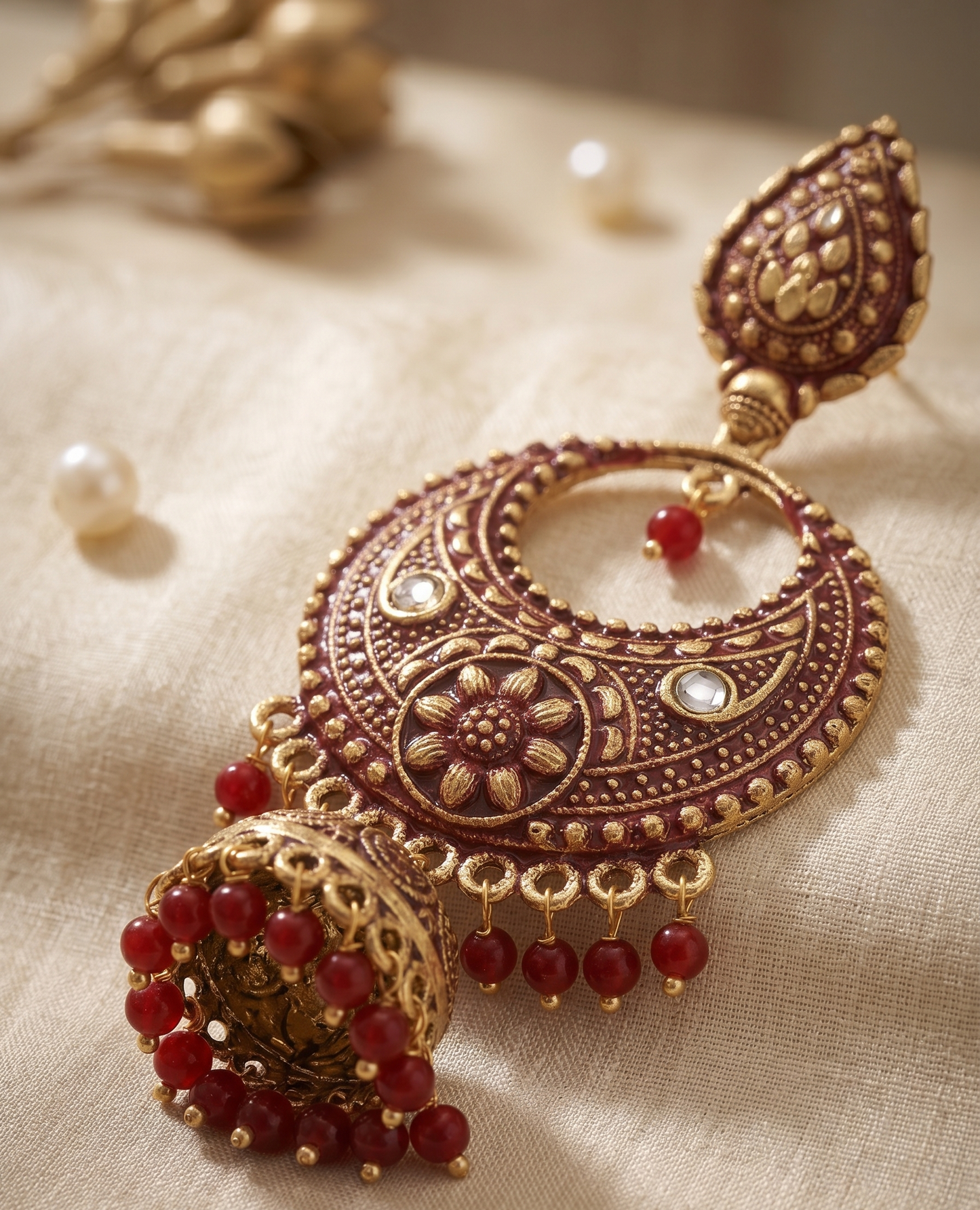 The House of Karma Antique Gold Plated Kundan & Maroon Enamel Jhumka Earring and Maang Tikka Set for Women