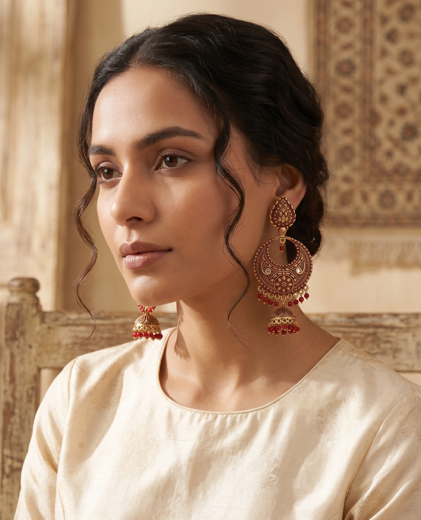 The House of Karma Antique Gold Plated Kundan & Maroon Enamel Jhumka Earring and Maang Tikka Set for Women