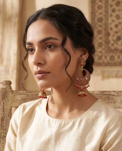 The House of Karma Antique Gold Plated Kundan & Maroon Enamel Jhumka Earring and Maang Tikka Set for Women