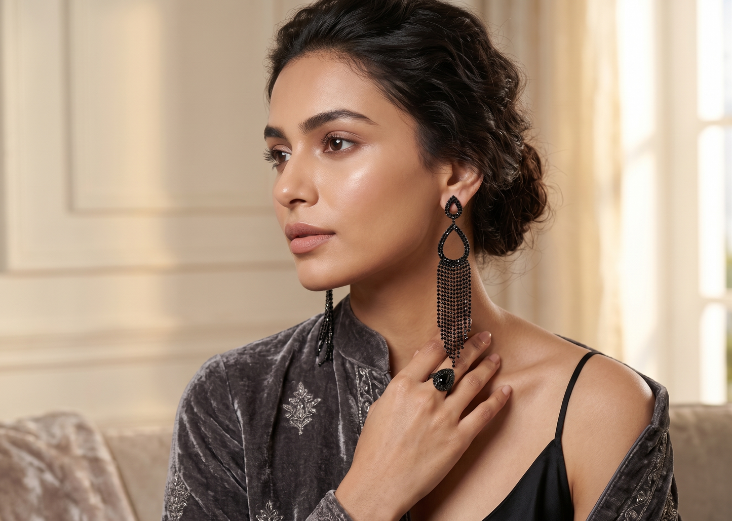 Celestial Midnight Crystal Tassel Earrings