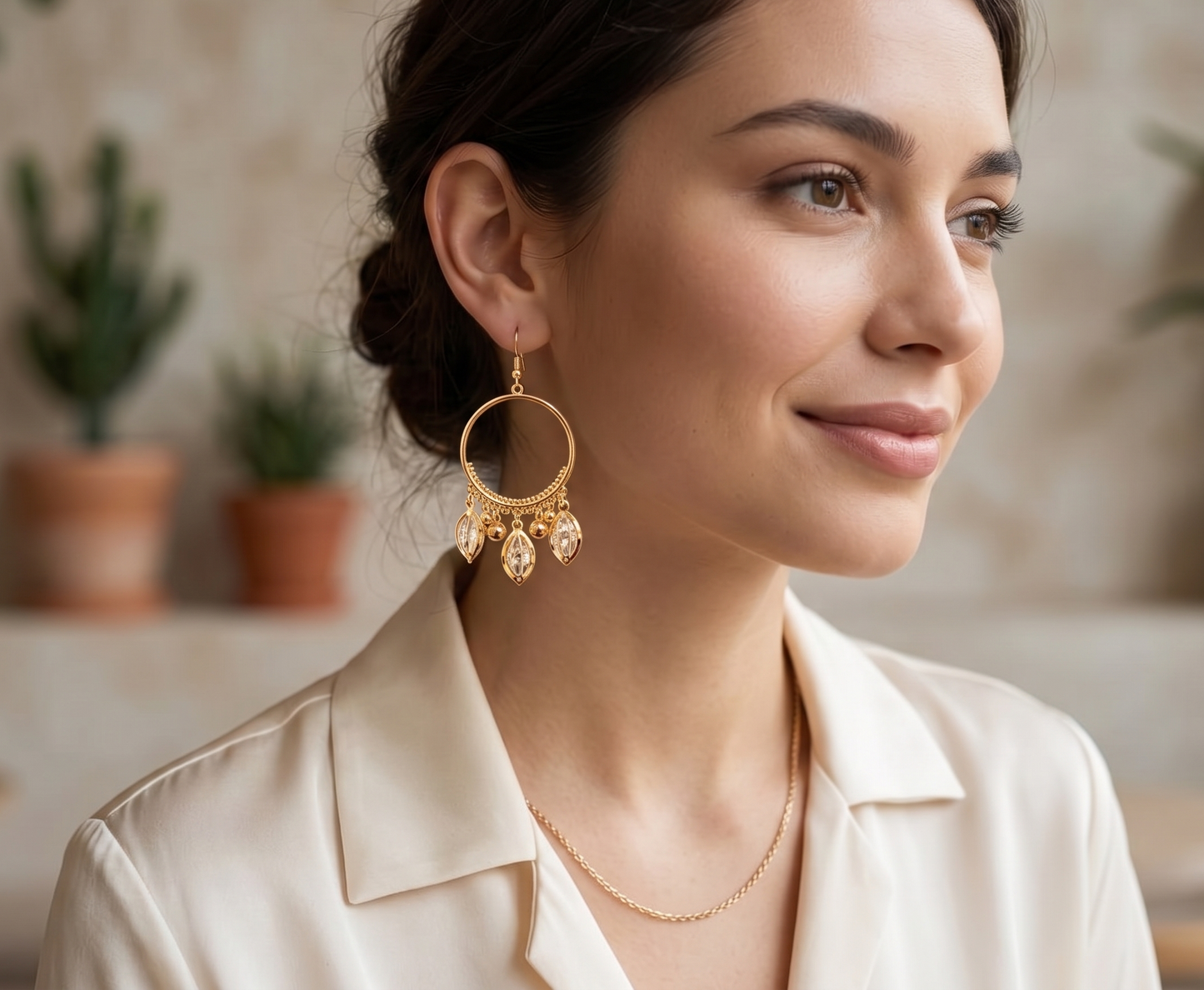 Celestial Cascade Gold-Plated Hoop Earrings with Marquise Crystal Dangles