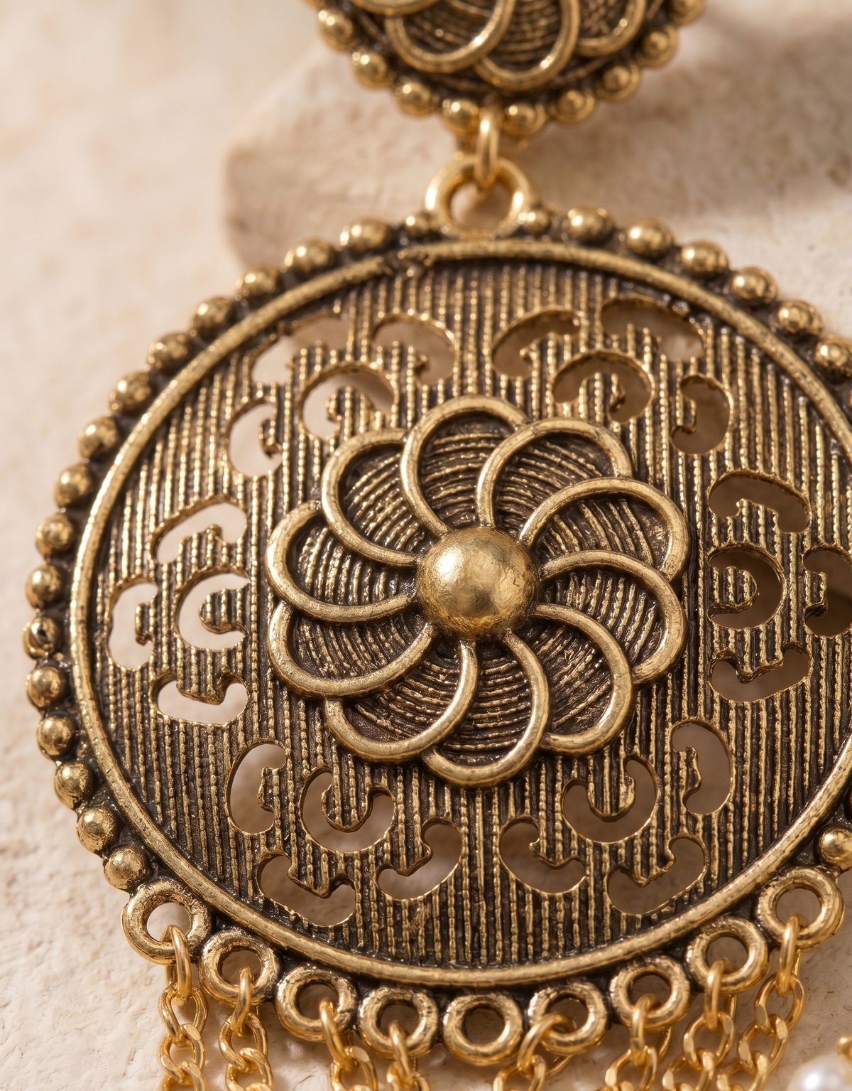 Traditional Gold-Toned Filigree Jhumka Earrings with Pearl Tassels