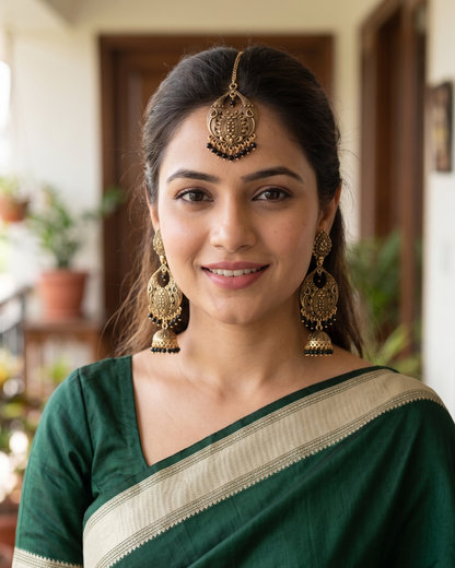 Heritage Filigree Oxidized Gold Jhumka & Maang Tikka Set