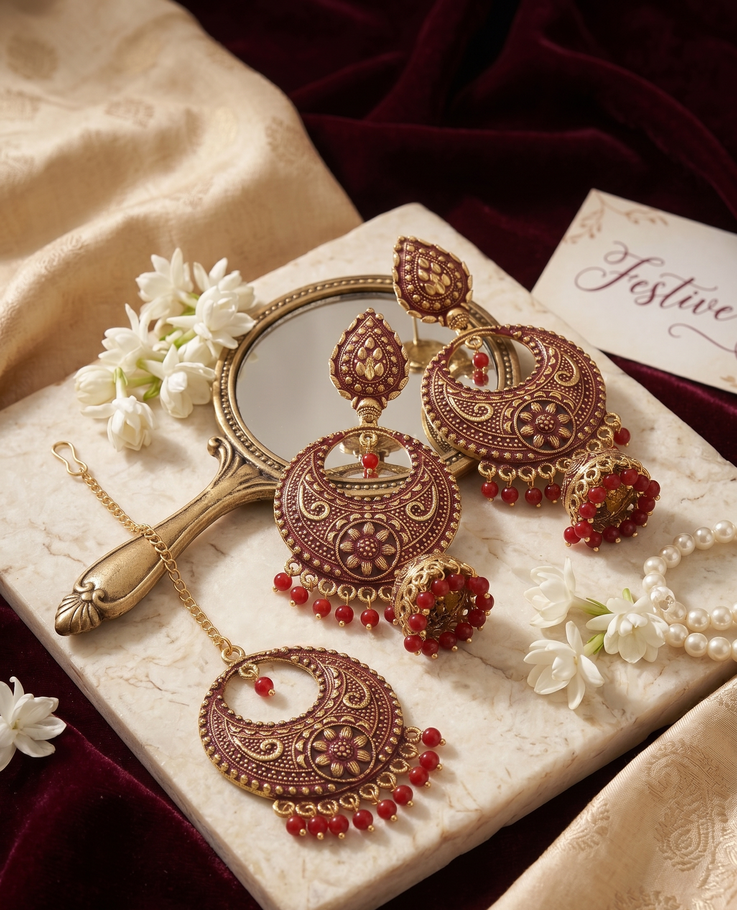 The House of Karma Antique Gold Plated Kundan & Maroon Enamel Jhumka Earring and Maang Tikka Set for Women