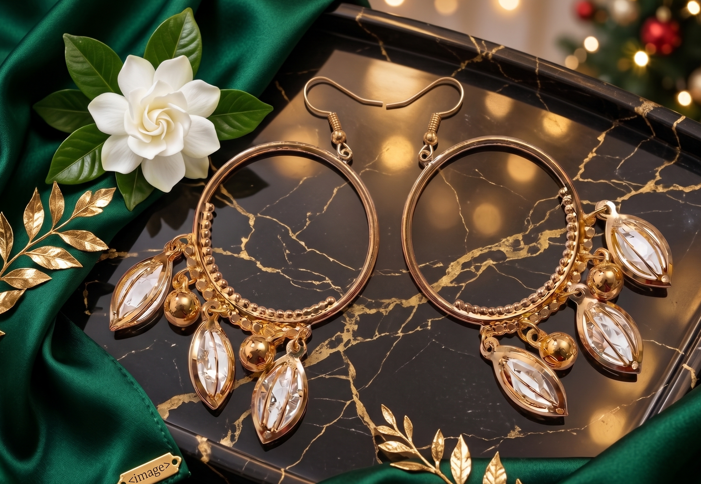 Celestial Cascade Gold-Plated Hoop Earrings with Marquise Crystal Dangles