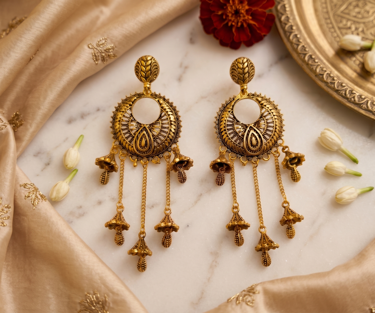 Antique Gold Peacock Jhumka Earrings