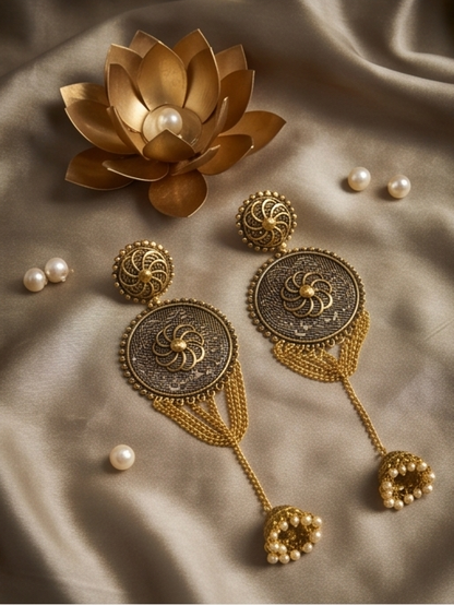 Traditional Gold-Toned Filigree Jhumka Earrings with Pearl Tassels