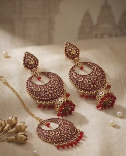 The House of Karma Antique Gold Plated Kundan & Maroon Enamel Jhumka Earring and Maang Tikka Set for Women